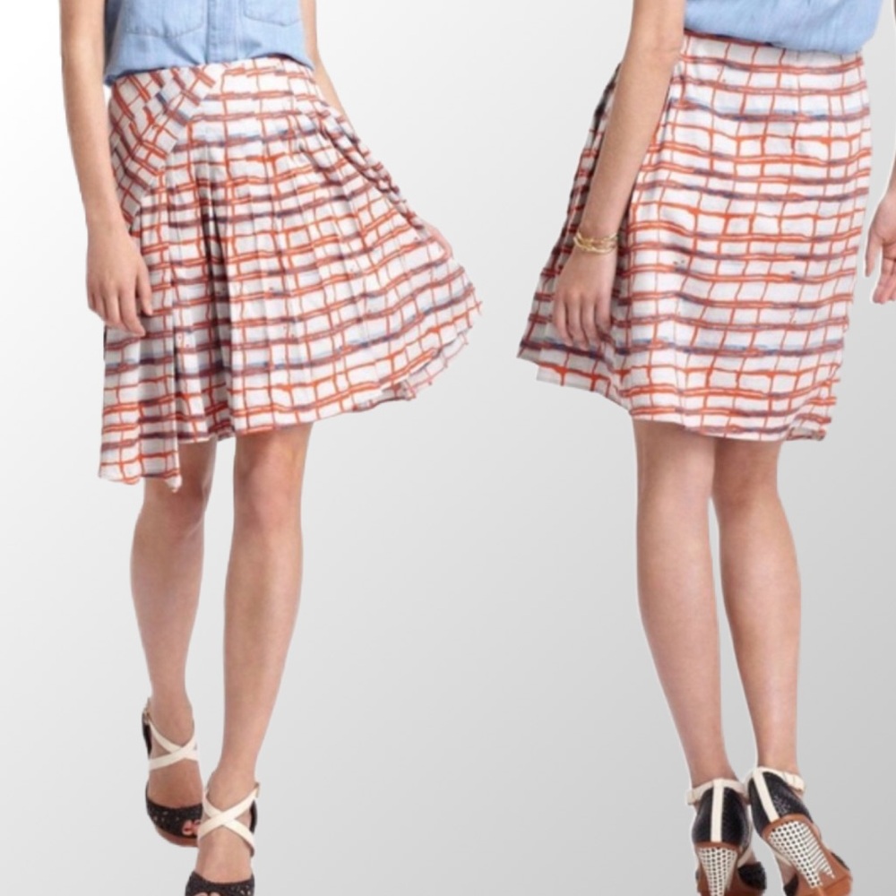 Maeve Pleated‎ Skirt Womens 0 Orange Blue Watercolor Grid Anthropologie Cotton